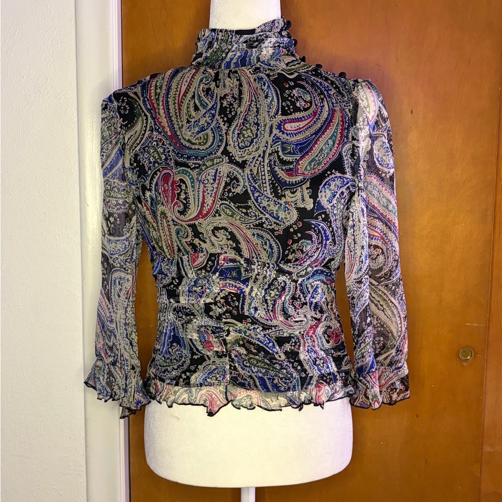W.D.N.Y 100% Silk Paisley Blouse | High Neck Sheer Top | Size 8